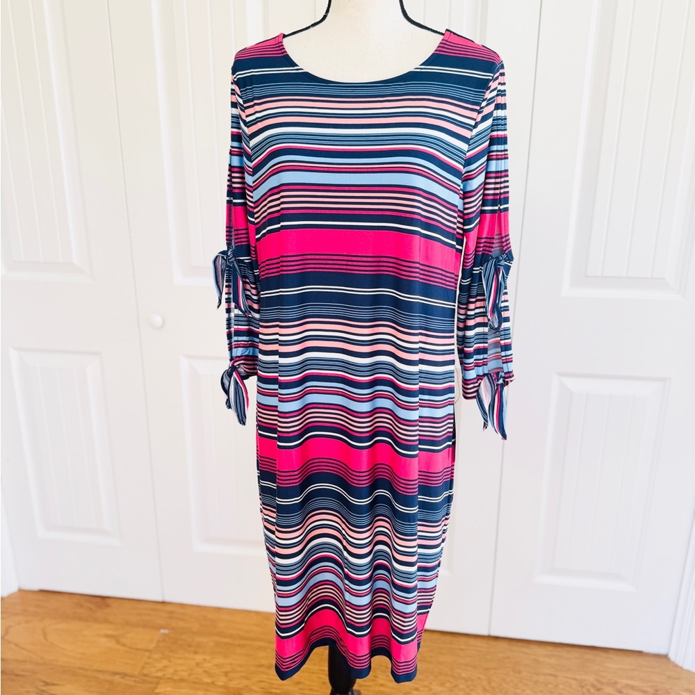 NWT Zoe + Phoebe Multi Color Striped Tie Sleeve Dress L Nautical Coastal Preppy - Picture 9 of 10